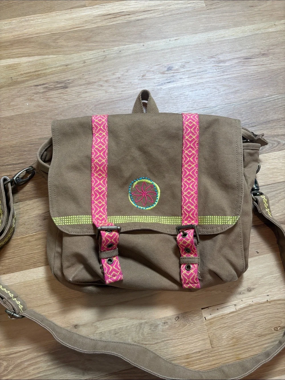 American Girl Brown Canvas Crossbody with Pink Patterned Straps